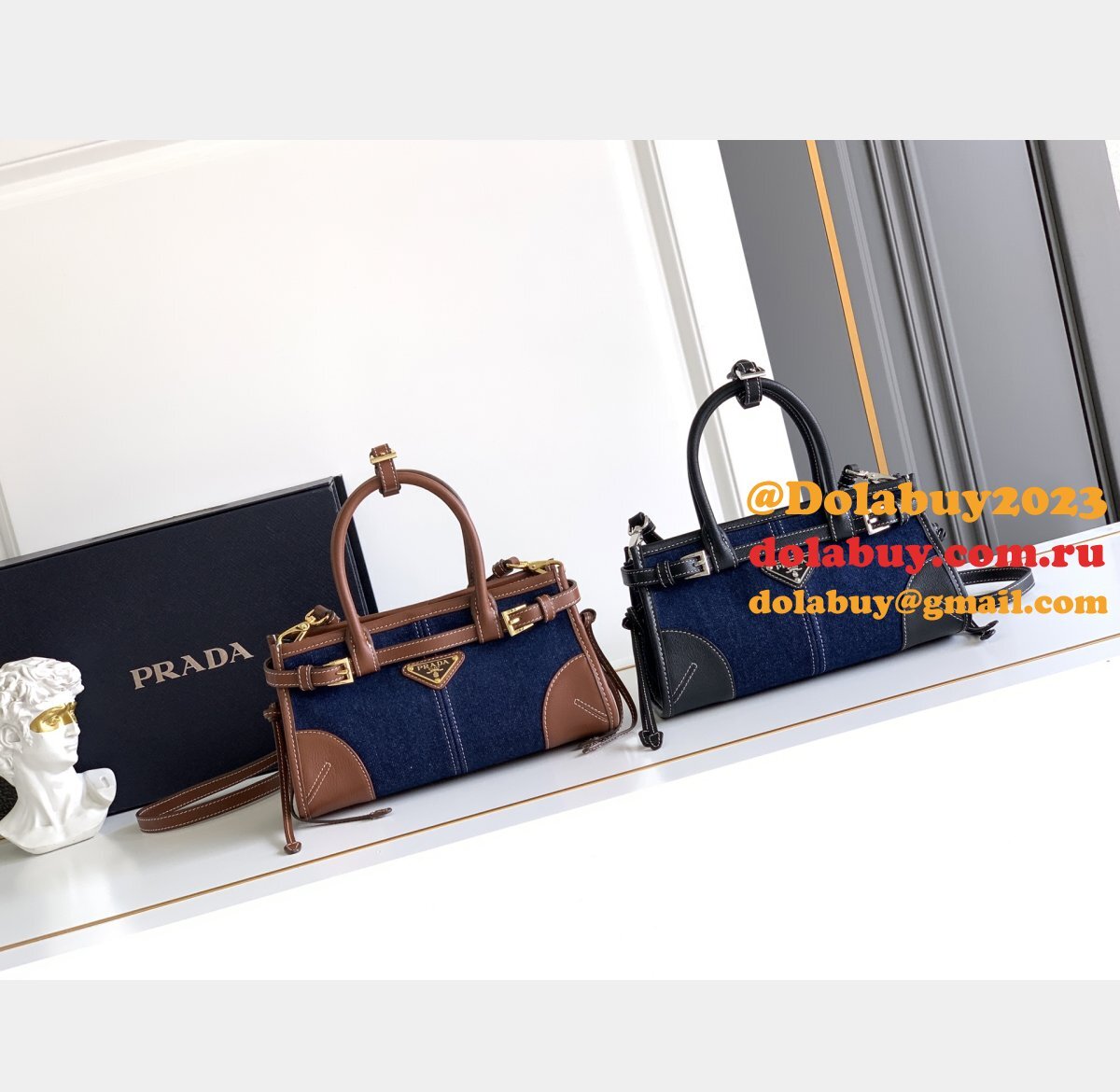 Prada Bonnie small denim and leather handbag 1BA486