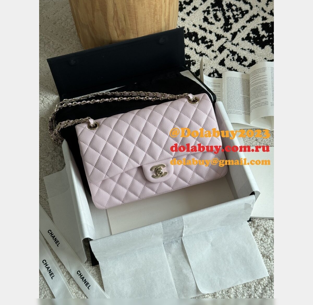 Top Quality CC Flap Caviar leather light pink 25cm bag