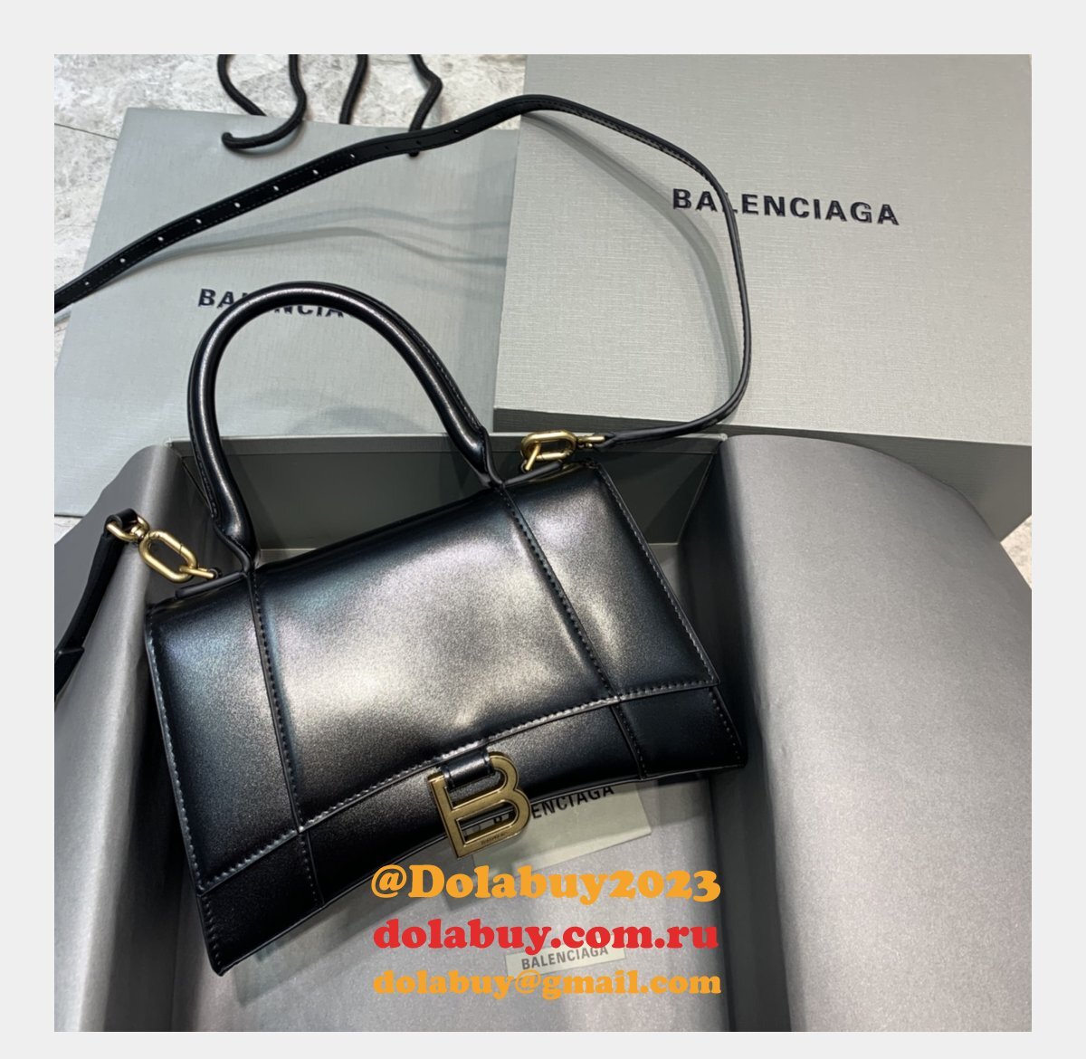 Cheap Balenciaga Hourglass Croc-Embossed Leather Top Handle Bag Plain black