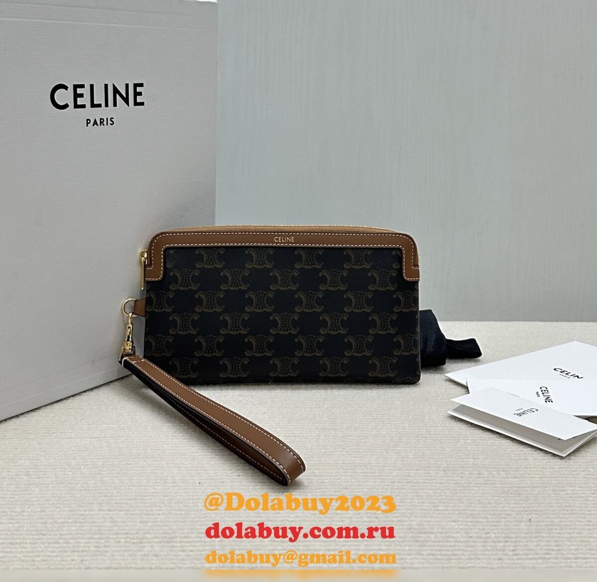 Top Long Pouch with Strap in Triomphe Canvas and Calfskin